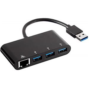 Amazon Basics Adattatore a 3 porte USB 3.0 con porta gigabit ethernet, 3 USB A + 1 RJ45, Nero