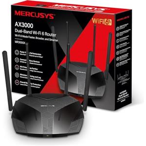 Mercusys TP-Link MR3000X AX3000Mbps Router WiFi 6 Dual-Band, 4 Porta Gigabit, 2402Mbps su 5 GHz e 574Mbps su 2,4 GHz, 4 Antenne Ad Alto Guadagno, OFDMA, WPA3, Canali da 160MHz,VPN, non supporta xDSL