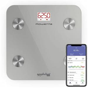 Rowenta BR9600 Goodvibes Life + Bilancia Pesapersone, Bilancia Digitale Intelligente, App connessa, 10 Misurazioni Corporee tra cui IMC, BMR, Massa Grassa, Muscolare e Ossea, Argento