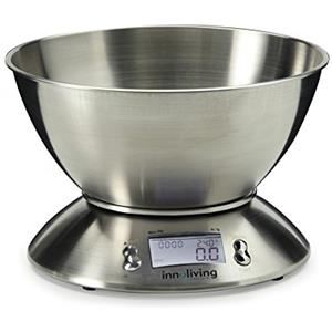 Innoliving Bilancia Elettronica Digitale da Cucina INN-127 con Grande Ciotola da 2L in Acciaio Inox, Display LCD Retroilluminato, 5kg x 1g, Funzioni Timer e Termometro Temperatura