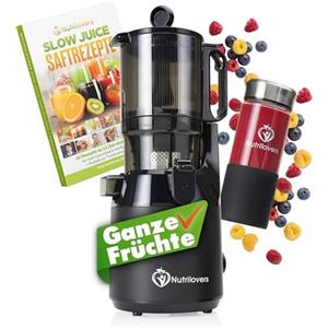 Nutrilovers NUTRI-PRESS MAX - Spremiagrumi per frutta intera, spremiagrumi, spremiagrumi a freddo, con apertura XXL, 130 mm, senza BPA, con bottiglia di succo, ricettario Slow Juice
