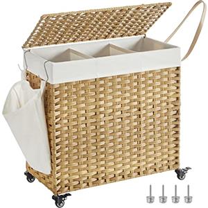 SONGMICS Cesto Portabiancheria con Coperchio, 140L, Cesta Biancheria in Rattan Sintetico con Ruote, 3 Scomparti, Sacco Rimovibile, Lavanderia Camera da Letto, 66 x 33 x 66 cm, Naturale LCB363N01