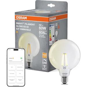 OSRAM Lampada LED SMART+ Globe, E27, filamento trasparente, bianco caldo 2700 K, dimmerabile, controllo tramite app e voce, compatibile con Alexa e Google