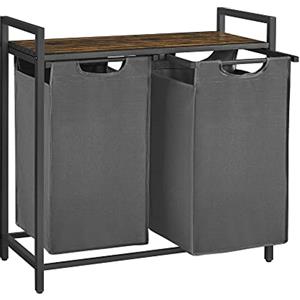 VASAGLE Cesto Portabiancheria, Porta Biancheria, 2 Sacchi in Tessuto Rimovibili, Piano d'Appoggio, Metallo, 2 x 46 L, 73 x 33 x 72 cm, Grigio Ardesia e Marrone Vintage BLH201G01