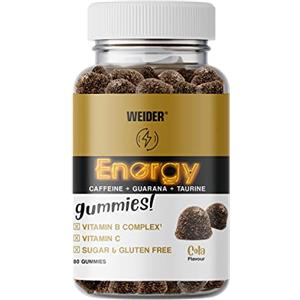 Weider Energy Caffeine Gummies (80 Caramelle) Sapore Cola. Caramelle Gommose con caffeina, guaranà, taurina e vitamine B e C per l'energia e la concentrazione mentale. Senza Zucchero, Senza Allergeni