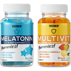 Weider PACK Melatonin + Multivit Gummies (60+80 Caramelle Gommose) Sapore di Mirtillo e di Limone&Arancia. Carammelle gommose con 1 mg di Melatonina per dose + Caramelle Gommose di Vitamine e Minerali