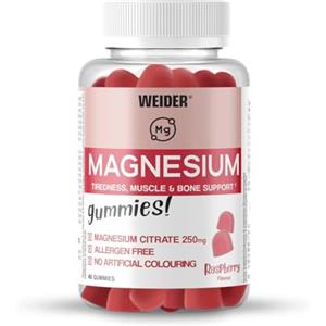 Weider Magnesium Gummies (48 caramelle gommose) Gusto Lampone, con 250mg di Magnesio Citrato/dose, senza glutine, senza allergeni, senza coloranti artificiali, per muscoli, ossa e ridurre la fatica