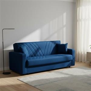 Dmora Divano Letto 3 posti Jorge, Divano Contenitore lineare con 2 Cuscini, Sofà da Soggiorno in Tessuto con Apertura Click-clack, 214x81xh89 cm, Blu