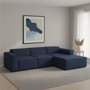 Talamo Italia - Divano fisso con penisola Giovanna, Divano componibile con penisola destra, Sofà moderno in tessuto, 100% Made in Italy, Cm 300x170h70, Blu
