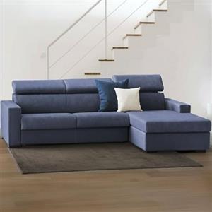 Dmora Talamo Italia - Divano fisso con penisola Mikaela, Sofà ad angolo con chaise longue destra in tessuto, Braccioli slim, 100% Made in Italy, Cm 260x95h85, Blu