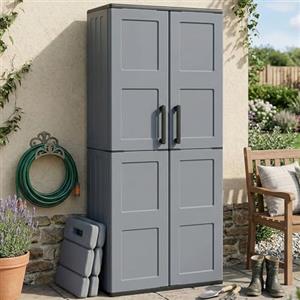 Dmora - Armadio da esterno Clavier, Mobile da balcone, Armadio multiuso con ripiani, 100% Made in Italy, 68x37h163 cm, Grigio e Nero, Finitura quadri