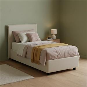 Talamo Italia Letto Singolo Bruna, Letto Contenitore con Rivestimento in Tessuto, 100% Made in Italy, Apertura Frontale, Adatto per Materasso Cm 80x190, Beige