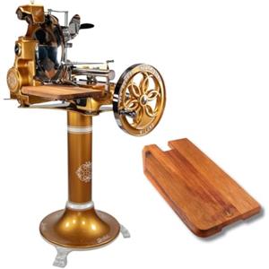 Palatina Werkstatt BERKEL VOLANO B114 - Macchina volano oro con base e ripiano in legno di barile, laccatura esclusiva, affettatrice precisa per prosciutto e salami, oggetto di design per cucina, bar e gastronomia
