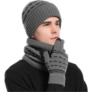 KRUIHAN Cappello Scaldacollo e Guanti 3 PZ Set per l'inverno,Fodera in Pile a Maglia Elastica Scaldacollo e Berretto Termico per Uomo con Guanti Touch,Accessori Invernali Ideali e Regalo Uomo,Grigio Scuro