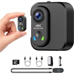 CAMWORLD Mini Action Cam 4K 30fps con Custodia di Ricarica, Body Cam Magnetica Indossabile con Scheda 64GB, 6-Assi EIS Stabilizzata, Grandangolo 150°, POV Camera per Moto, Vlog, Bici