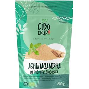 CIBO CRUDO crudo biologico vegan Ashwagandha in Polvere Bio e Cruda - 200g. Detta anche Ginseng Indiano Withania Somnifera o Ciliegia d'Inverno. Ayurveda Naturale senza Additivi Ricca di Fibre Anche per Tisane.