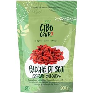 CIBO CRUDO crudo biologico vegan Bacche di Goji Bio Crude - Qualità Premium - 200g. Bacche di Goji Biologiche Crude ed Essiccate Senza Zuccheri Aggiunti. Goji Berries Raw and Organic. Lycium Barbarum.