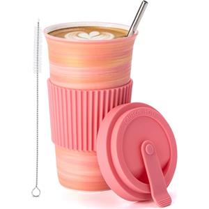 TIANNA VALLEY Tazza da Caffè da Viaggio in Ceramica Rosa con Coperchio e Cannuccia (450ml), Tazza Artigianale, Sicura per Microonde/Lavastoviglie, Idee Regalo Originali