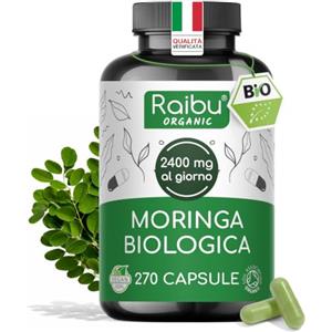 RAIBU Moringa Capsule Biologica, 2400 mg per Dose - 270 capsule di Moringa Oleifera in polvere - Fonte di Vitamine, Minerali e Proteine - Digestione & Metabolismo - Oltre 2 Mesi di Scorta, Senza Glutine