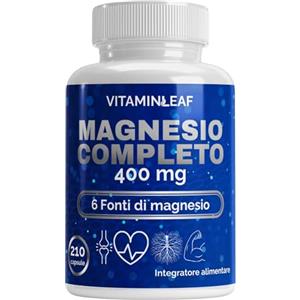 VITAMINLEAF Magnesio Completo 400mg 210 Capsule Vegetali - 6 in 1 con Magnesio Bisglicinato, Pidolato, Citrato, Carbonato, Ossido e Gluconato - Contro Stanchezza e Affaticamento