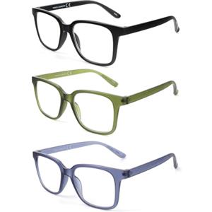 kollyseek 3 Pack Occhiali da Lettura Rettangolare Anti Luce Blu antigraffio, antiscivolo, unisex 2.0 Verde Nero Blu