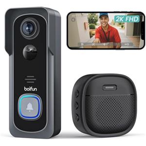 BOIFUN Videocitofono Wifi 2K UHD Campanello Senza Fili da Esterno con Suoneria e Allarme Immediato, 166°Angolo Visuale, Rilevamento Umano PIR, Audio Bidirezionale, Batteria ricaricabile, IP65, 2.4Ghz