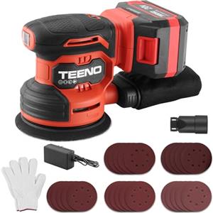 TEENO Levigatrice Orbitale a batteria 4A, Levigatrici Eccentriche senza fili 20V, Platorello 125 mm, 6000-12000 giri/min, 6 Velocità, 25 carte vetrate, Sacco Polvere