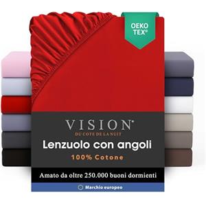 VISION Lenzuolo con angoli - 100% cotone - Letto matrimoniale (140 x 190 cm) - Angoli elasticizzati - Adatto a materassi fino a 25 cm - Certificato Oeko-Tex - Lavabile in lavatrice - Colore: rosso