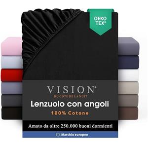 VISION Lenzuolo con angoli - 100% cotone - Letto matrimoniale (140 x 190 cm) - Angoli elasticizzati - Adatto a materassi fino a 25 cm - Certificato Oeko-Tex - Lavabile in lavatrice - Colore: nero