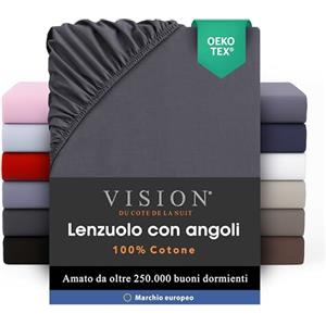 VISION Lenzuolo con angoli - 100% cotone - Letto matrimoniale (140 x 190 cm) - Angoli elasticizzati - Adatto a materassi fino a 25 cm - Oeko-Tex - Lavabile in lavatrice - Colore: grigio scuro