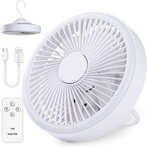 GeeRic Ventilatore da Tavolo,GeeRic Ventilatore da Soffitto con Luce+Telecomando Silenzio Appeso Pieghevole 270°Regolabile 3 Marcia Velocità/2 Luce Potente 4000 mAh Tenda Ventilatore a Ufficio Viaggio Bianco