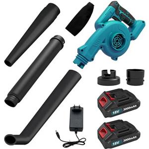 JUTOSGSKW Soffiatore Foglie a Batteria 18V, 2 Batterie 3000mAh + Caricabatterie, Soffiatore Aspiratore Portatile 2 in 1 con 3 Ugelli, 16000 Giri/min, per Giardino, Auto, Pulizia Casa