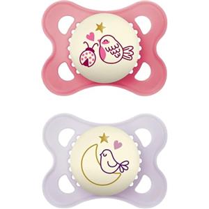 MAM Original Night Succhietto 2-6 Mesi (Set da 2), Ciuccio MAM 2-6 mesi che si illumina al buio con tettarella in silicone, Kit da 2 accessori neonato con porta ciuccio sterilizzatore, Rosa/Lilla