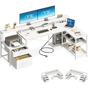 ODK Scrivania con Cassetti, 172.5×100cm Grande Scrivania Angolare Reversibile con 2 Porte di Ricarica USB e 2 Prese di Corrente, Scrivania Gaming per Casa Ufficio, Bianco