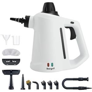 Ibergrif Pulitore a Vapore Portatile, Pistola a Vapore 1050W con 12 Accessori, 3 Bar Alta Pressione, Soluzione Naturale Senza Additivi, per Divani, Cucina, Fughe e Vetri, 350ml, Bianco