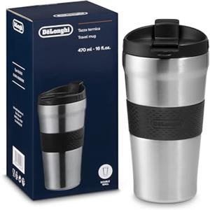De'Longhi Travel Mug, Tazza da Caffè con Doppia parete per Bevande Calde e Fredde, Facile da Trasportare, Apertura con un Click, Rivestimento Antiscivolo in Silicone, Capacità 470ml, DLSC073