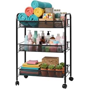 Relaxdays Carrello ausiliario a 3 Livelli, Aperto, Metallo, 62,5 x 43,5 x 26 cm, 4 Ruote, Nero