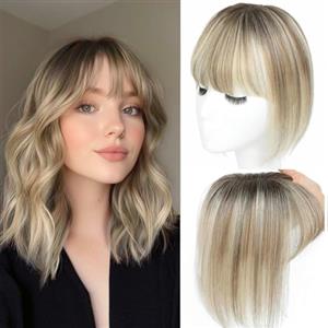 SEA SINGING Toupet in capelli umani per donne con ciuffo, cuciti a mano con copertura 360° 3D, naturali per capelli sottili - Parrucche per donne (Ombre Light Brown con riflessi biondi)
