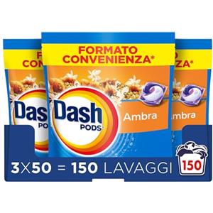 Dash Pods Detersivo In Capsule, 3x50 Lavaggi, Ambra, Rimuove le Macchie, Igienizza, Dona Freschezza, Brillantezza Per I Capi