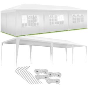 tectake® Gazebo Esterno Resistente 9x3 m, Impermeabile, con 8 Pareti Laterali Rimovibili, Protezione UV, Telaio in Acciaio, Tendone per Feste, Matrimoni, Campeggio, Gazebi Terrazzo Esterno - Bianco