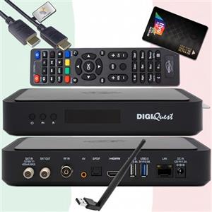HTS e-com DigiQuest Q99 4K UHD ricevitore satellitare con scheda TiVuSat Nero + WiFi Stick - Italia TV Rai Mediaset LA7, DVB-S2/T2, HEVC HDR, PVR Ready, LAN, USB, ricevitore certificato + cavo HTS e-com HDMI
