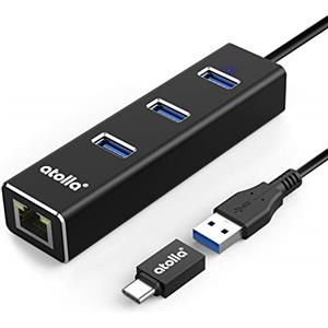 atolla - Adattatore USB LAN, in alluminio con 3 porte USB 3.0 e adattatore di rete Ethernet RJ45, adattatore USB Ethernet con adattatore USB C per Windows 10, 8.1, 8, 7, Vista, XP, Linux, Mac OS X