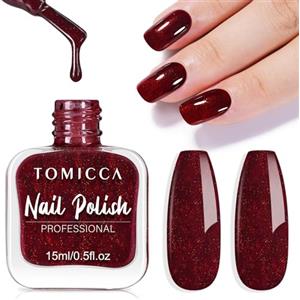 TOMICCA Smalto per unghie glitterato rosso, 15 ml, lucido, ad asciugatura rapida e a lunga durata, rimovibile a base d'acqua, smalto per unghie per nail art fai da te manicure