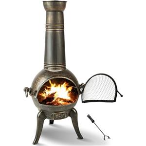 TecTake® Stufa da Giardino in Ghisa, Stufa da Terrazza con Griglia Estraibile e Attizzatoio, Regolazione Aria, Protezione dalle Scintille, Copertura Caminetto Removibile - Grigio