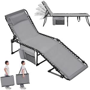Yaheetech Lettino Sdraio Pieghevole Regolabile in 5 Posizioni per Esterno Giardino Spiaggia Campeggio con Poggiatesta e Tasca, 189 x 57 x 34 cm, Colore Grigio