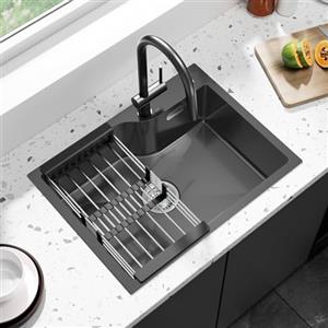 CECIPA 60x45 cm Lavello Nero 1 Vasca in Acciaio Inox con Foro per rubinetto, Lavandino Cucina 1 Vasca per Mobile da 60cm, Lavello Cucina Nero da Incasso o Banco con Sifone e Scarico