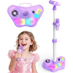Dislocati Microfono Karaoke per Bambini con Supporto, 2 Microfoni Wireless, Luci Colorate, Regalo Natale per Bambini 3 4 5 6 7 8 Anni, Altezza Regolabile 47-108 cm, Bluetooth, USB, AUX, TF Card