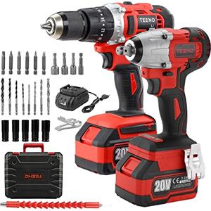 TEENO Chiave e Avvitatore a urto, senza fili, 320Nm Trapano a percussione,2 Batteria 3.0Ah,1 caricabatterie,29 accessori,Controllo del cambio a 2 velocità