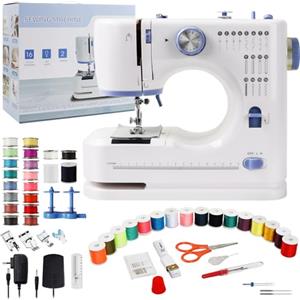 Qoosea Macchina da Cucire Elettronica, 16 Punti di Cucitura Mini Macchina da Cucire per Principianti e Bambini, Cucitrice Portatile per Tessuti con Luce LED e Kit di Attrezzi, Viola