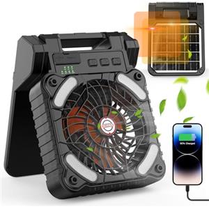 iYeHo Ventilatore da campeggio a energia solare con lanterna, 10400 mAh, a batteria ricaricabile, portatile, timer e ventilatore ecologico, per campeggio, pesca, interruzioni di corrente